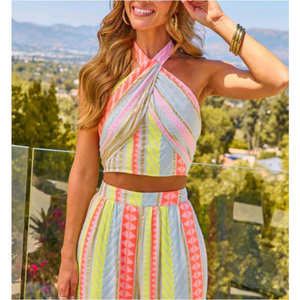 Vici Women's Neon Multi Sun Washed Embroidered Halter Neck Abstract Top Size S - Picture 7 of 8